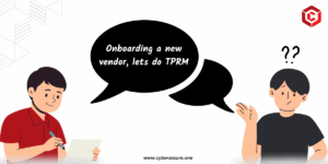 Two professionals discussing vendor onboarding with a banner text saying "Onboarding a new vendor? Let’s do TPRM