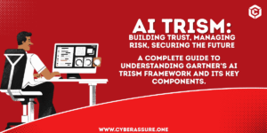 Person at desk using a computer with charts, overlaid with text about AI TRISM: “Building Trust, Managing Risk, Securing the Future” on a red background.
