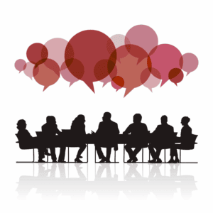 Silhouette of a professional roundtable discussion on identity security with overlapping red speech bubbles above the table.